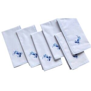 6 Vtg White Blue Floral Embroidered Dinner Tea Napkins Cotton 15x15 Cottagecore